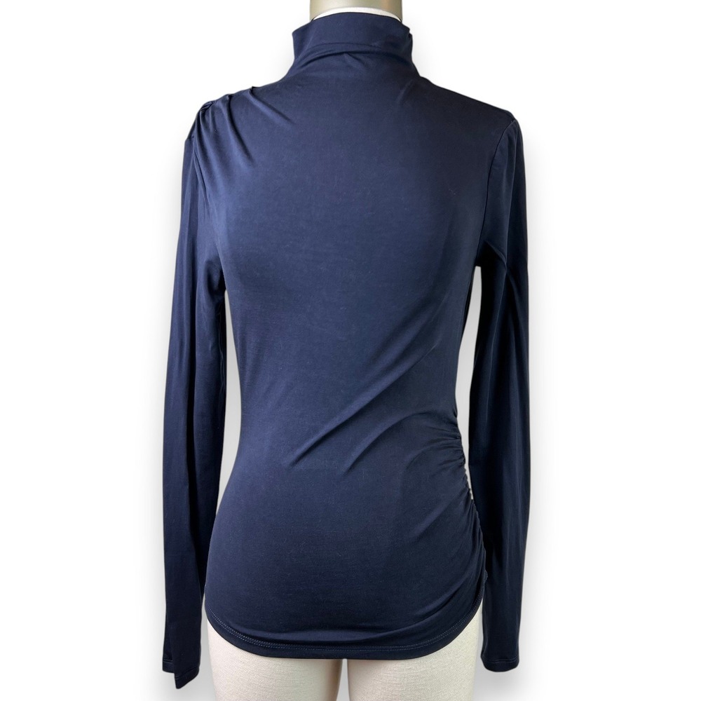 Veronica Beard Mylie Ruched Turtleneck Top Womens XS Navy Blue Minimalist Luxury